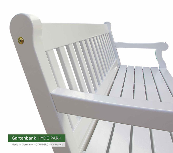 Englische Gartenbänke HYDE PARK aus ODUM-IROKO Hartholz - Weiße Holzgartenbänke Made in Germany