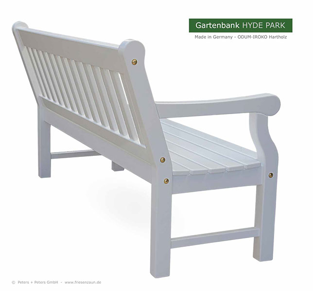 Englische Gartenbänke HYDE PARK aus ODUM-IROKO Hartholz - Weiße Holzgartenbänke Made in Germany