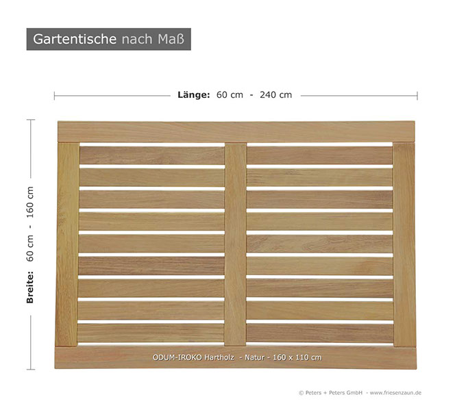 Gartentische aus dauerhaftem ODUM-IROKO Hartholz - Anfertigung nach Maß. Lieferbar in Natur, weiß und mehr als 200 RAL-Farben