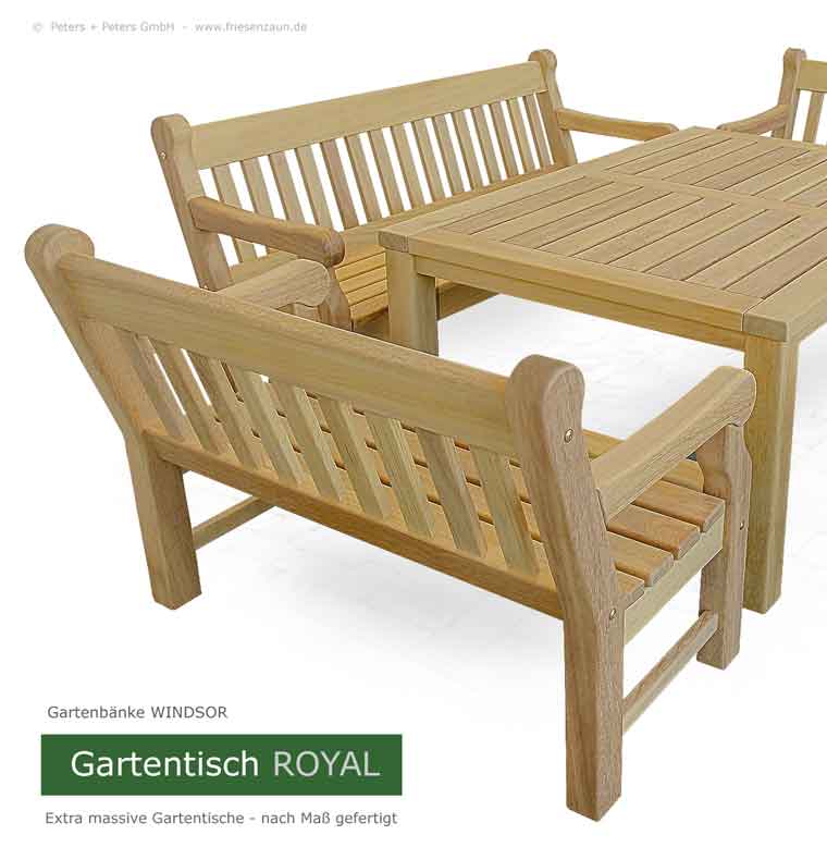 Gartentische aus dauerhaftem ODUM-IROKO Hartholz - Anfertigung nach Maß. Lieferbar in Natur, weiß und mehr als 200 RAL-Farben