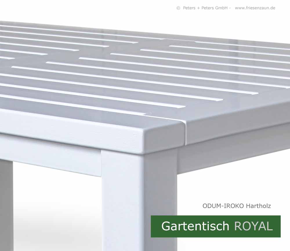 Gartentische aus dauerhaftem ODUM-IROKO Hartholz - Anfertigung nach Maß. Lieferbar in Natur, weiß und mehr als 200 RAL-Farben