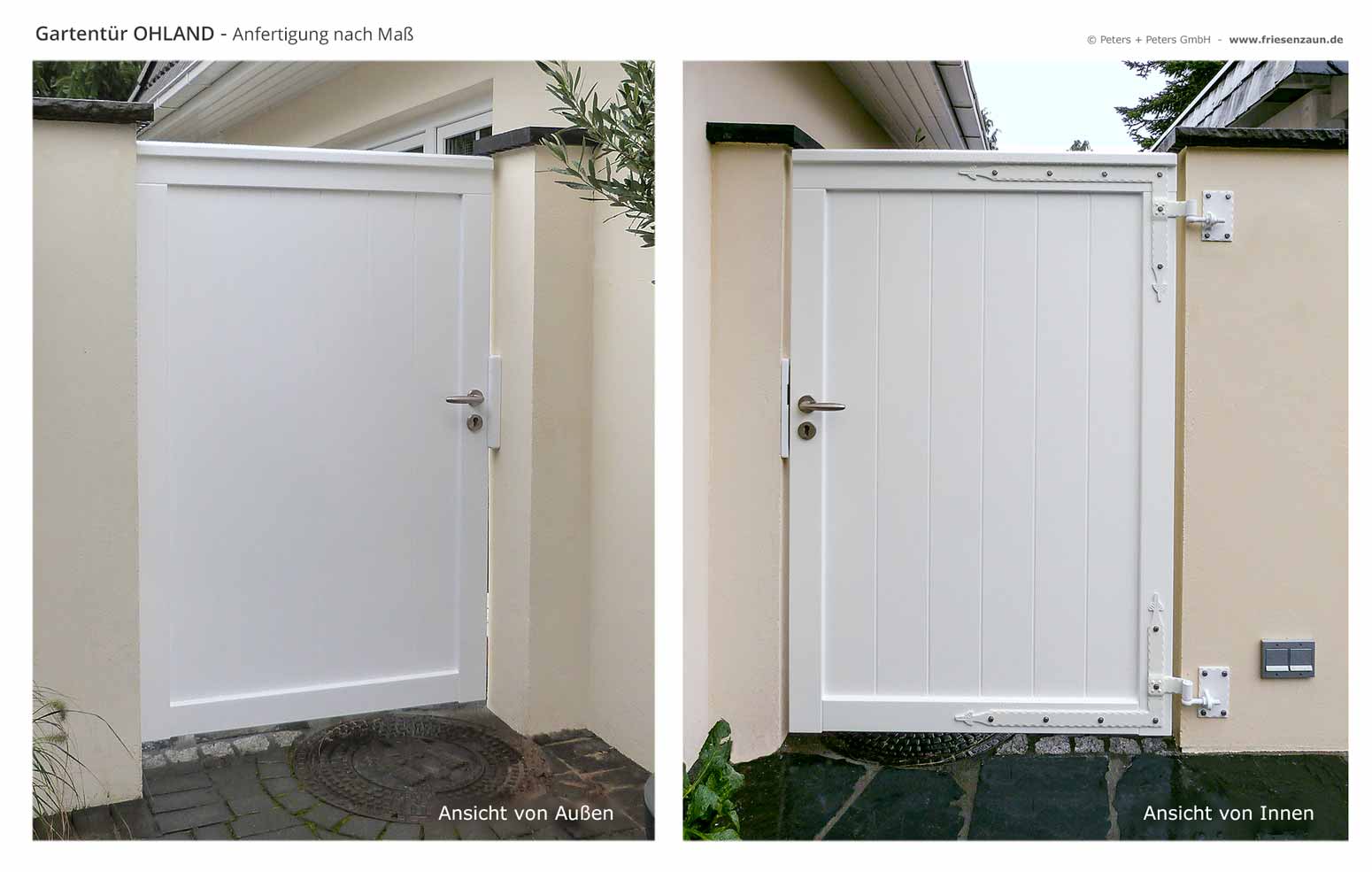 Blickdichtes Einzeltor - Holztor weiß als Gartentor. Gartenmauer mit hoher Gartentür als Zugangskontrolle zum Garten. Ansicht von außen + innen.