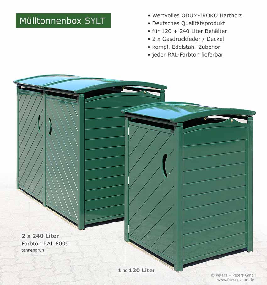 2 x 240 Liter und 1 x 120 Liter Mülltonnenverkleidung SYLT - Holz grün lackiert