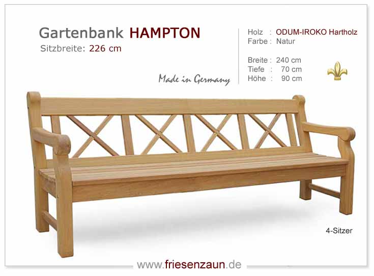 Massive Gartenbank HAMPTON - Englische Parkbank - 4er Holzbank - Breite 240 cm - Hartholz Natur - Made in Germany 