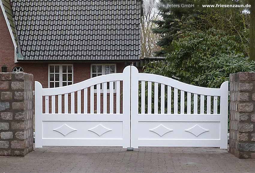 Sylter Gartentor mit Satteldach - Friesentor SCHLESWIG aus dauerhaftem Hartholz - Maßanfertigung von Peters + Peters.