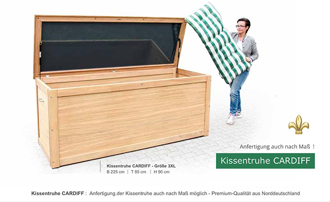 Premium Kissentruhe aus wertvollem Hartholz - Edelstahlzubehör - Gasdruckfedern - weiß, grün RAL lackiert - Auflagentruhe für Haus Garten Balkon