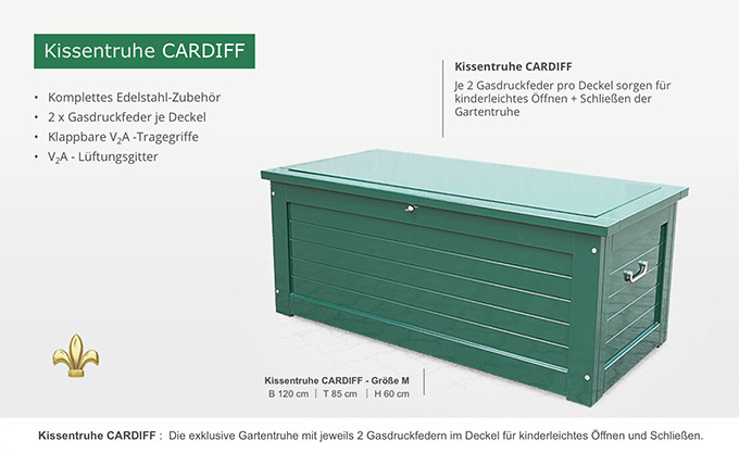 Premium Kissentruhe aus wertvollem Hartholz - Edelstahlzubehör - Gasdruckfedern - weiß, grün RAL lackiert - Auflagentruhe für Haus Garten Balkon