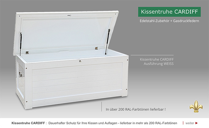 Premium Kissentruhe aus wertvollem Hartholz - Edelstahlzubehör - Gasdruckfedern - weiß, grün RAL lackiert - Auflagentruhe für Haus Garten Balkon