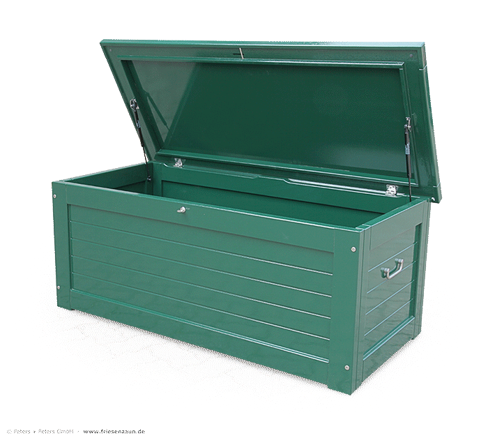 Exklusive Auflagentruhe CARDIFF - Wertvolles Hartholz grün lackiert - 25 Jahre Garantie - Gasdruckfedern, abschließbar, wasserdicht, 200 Farben