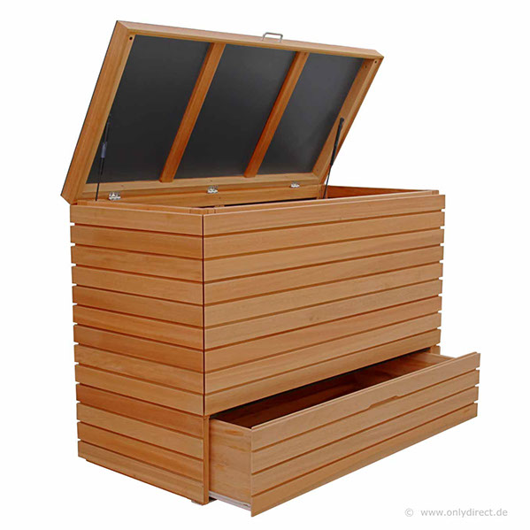 Jede Kissentruhe ist mit 2 Stück Gasdruckfeder pro Deckel ausgestattet. Optional kann die Kissentruhe mit einer Zusatz-Schublade bestellt werden