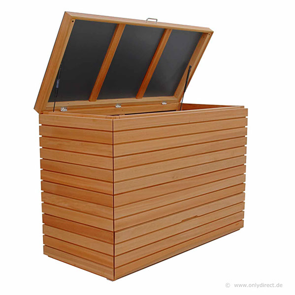 Jede Kissentruhe ist mit 2 Stück Gasdruckfeder pro Deckel ausgestattet. Optional kann die Kissentruhe mit einer Zusatz-Schublade bestellt werden