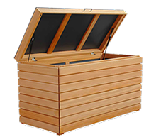 Holztruhe Garten Terrasse Auflagenbox Holz massiv Gasdruckfeder Hartholz wasserfest HPL