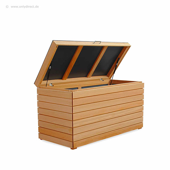 Jede Kissentruhe ist mit 2 Stück Gasdruckfeder pro Deckel ausgestattet. Optional kann die Kissentruhe mit einer Zusatz-Schublade bestellt werden