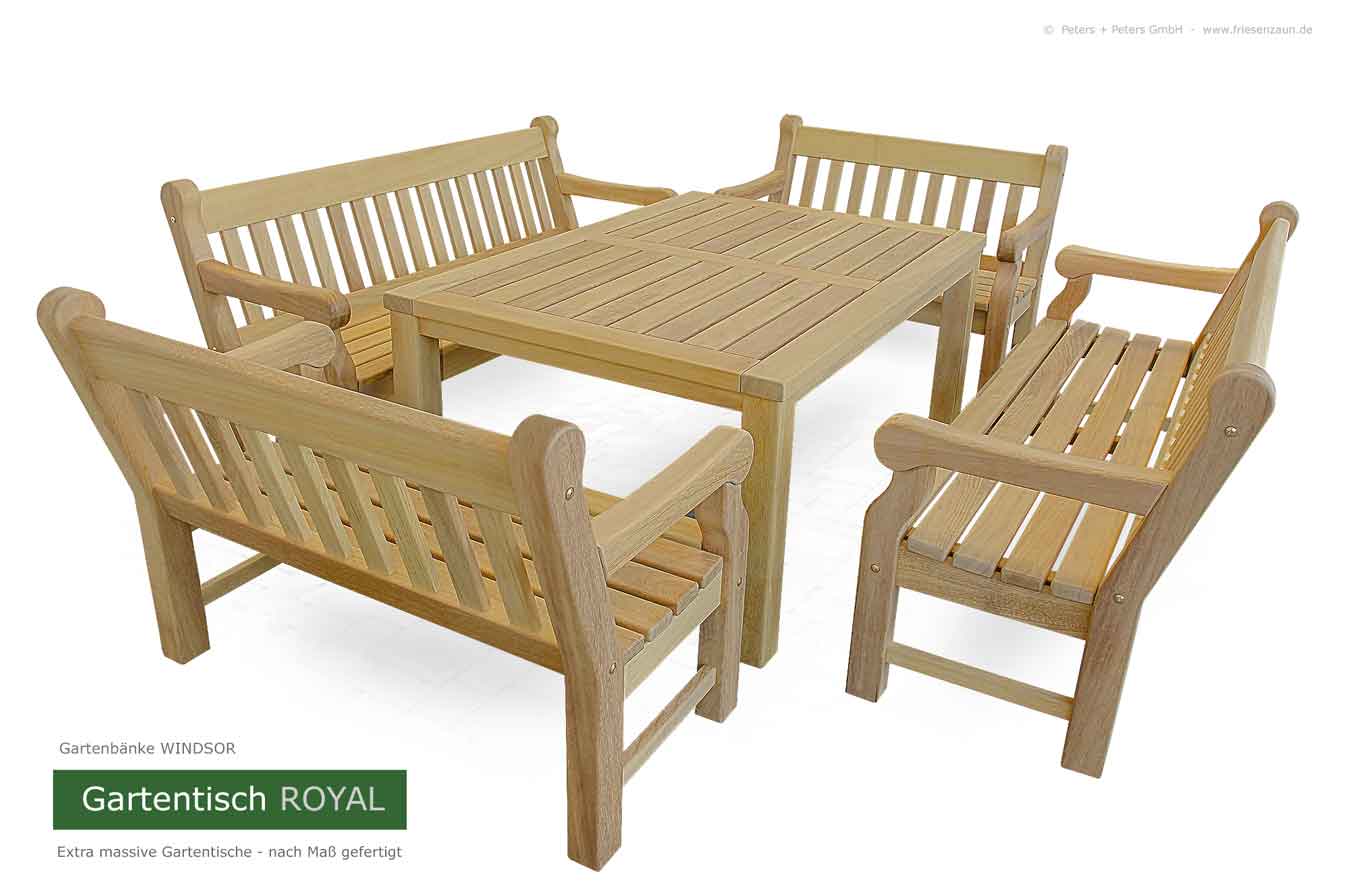 Gartentische aus dauerhaftem ODUM-IROKO Hartholz - Anfertigung nach Maß. Lieferbar in Natur, weiß und mehr als 200 RAL-Farben