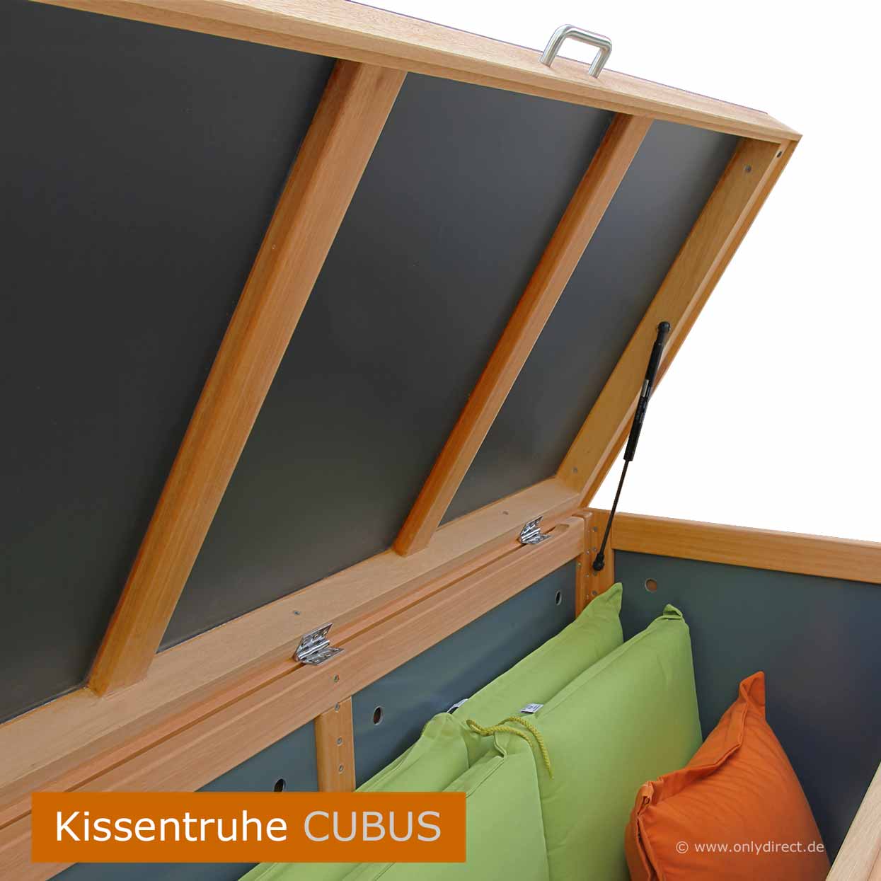 Jede Kissentruhe ist mit 2 Stück Gasdruckfeder pro Deckel ausgestattet. Optional kann die Kissentruhe mit einer Zusatz-Schublade bestellt werden