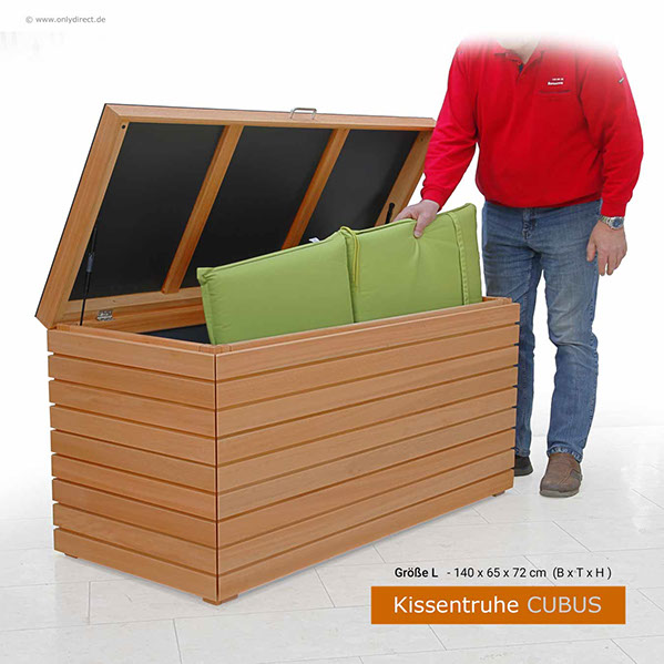 Jede Kissentruhe ist mit 2 Stück Gasdruckfeder pro Deckel ausgestattet. Optional kann die Kissentruhe mit einer Zusatz-Schublade bestellt werden