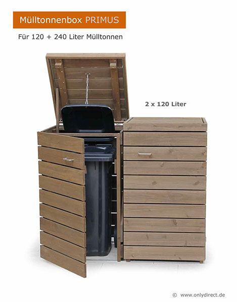 Extra stabil und besonders schön - Mülltonnenbox PRIMUS im modernem Cubus Design - FSC Zedernholz - braun gebeizt.