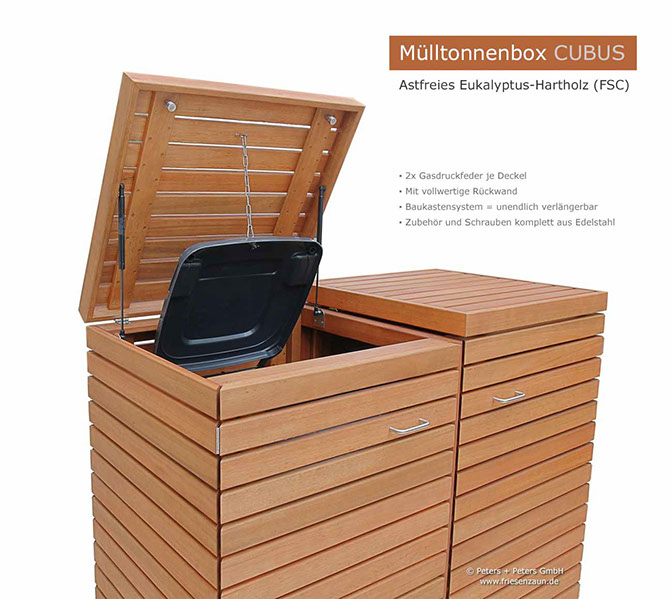 Hochwertige Verarbeitung und Beschläge aus Edelstahl = Mülltonnenbox CLASSIC aus FSC Hartholz - Oberfläche im Farbton Kastanie geölt. 