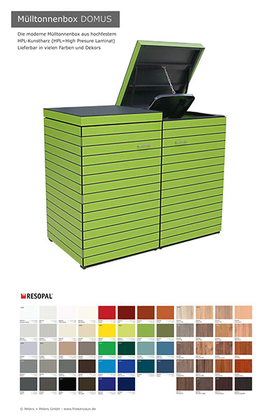 Moderne Mülltonnenbox DOMUS aus HPL-Dekorplatten - Tonnenhaus für 120 + 240 Liter&nbsp; Abfalltonnen - unendlich verlängerbar - Gasdruckfedern