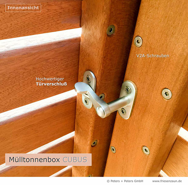 Hochwertige Verarbeitung und Beschläge aus Edelstahl = Mülltonnenbox aus FSC astfreiem Eukalyptus Holz - Oberfläche im Farbton Kastanie geölt. 