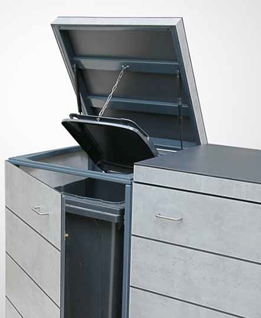 Tonnenhaus DOMUS - die wartungsfreie Mülltonnenbox aus wetterfesten HPL-Dekorplatten - Müllbox 2 x 120 Liter - Cloudy Cement von RESOPAL
