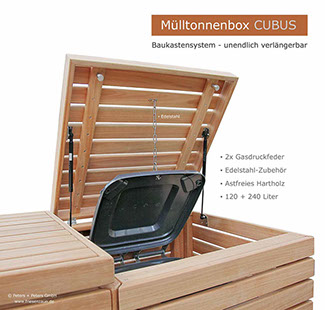 Mülltonnenboxen mit Gasdruckfedern - Schrauben aus Edelstahl - rostfreies Zubehör in extra starker Ausführung.