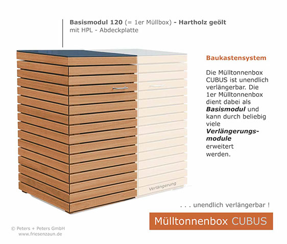 Hochwertige Verarbeitung und Beschläge aus Edelstahl = Mülltonnenbox CLASSIC aus FSC Hartholz - Oberfläche im Farbton Kastanie geölt. 