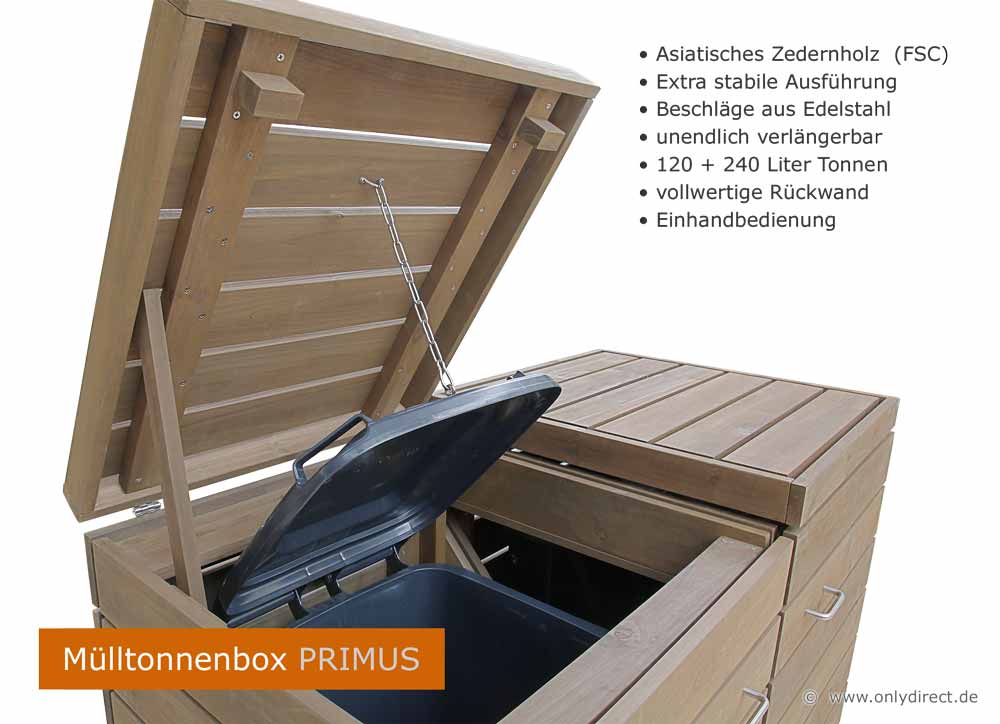 Extra stabil und besonders schön - Mülltonnenbox PRIMUS im modernem Cubus Design - FSC Zedernholz - braun gebeizt.
