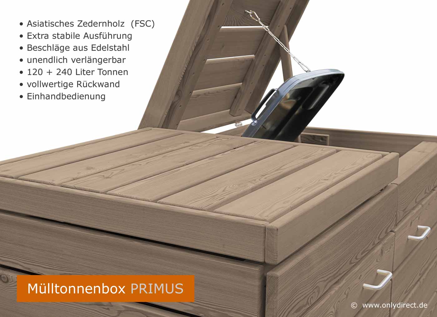 Extra stabil und besonders schön - Mülltonnenbox PRIMUS im modernem Cubus Design - FSC Zedernholz - braun gebeizt.