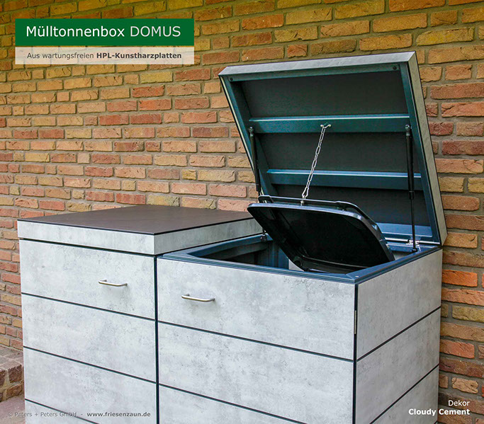 Hochwertige Mülltonnenbox DOMUS aus HPL-Dekorplatten mit Gasdruckfedern - Tonnenhaus für 2 x 120 + 240 Liter&nbsp; Abfalltonnen - Dekor Cloudy Cement