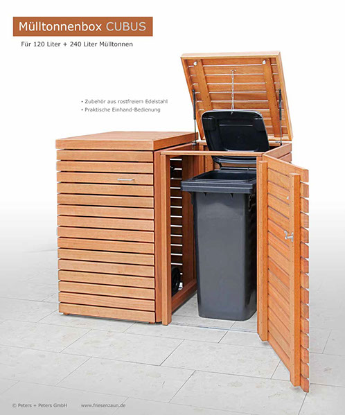 Hochwertige Verarbeitung und Beschläge aus Edelstahl = Mülltonnenbox CUBUS aus FSC Hartholz - Oberfläche im Farbton Kastanie geölt. 