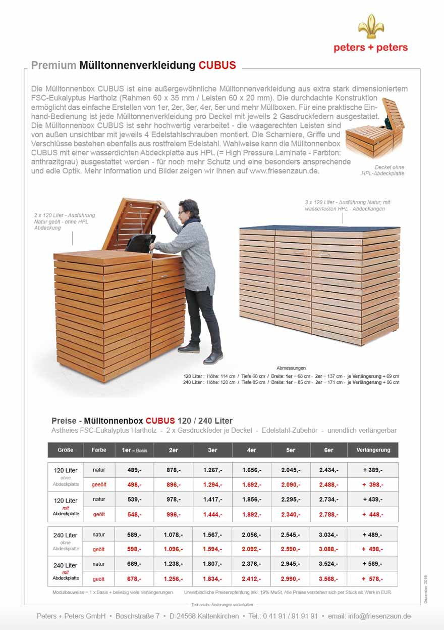 Premium Mülltonnenbox CUBUS aus astfreiem FSC Eukalyptus Hartholz. Tischlerqualität mit komplettem Zubehör aus rostfreiem Edelstahl. Je 2 Gasdru