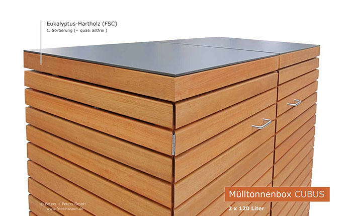 Hochwertige Verarbeitung und Beschläge aus Edelstahl = Mülltonnenbox CLASSIC aus FSC Hartholz - Oberfläche im Farbton Kastanie geölt. 