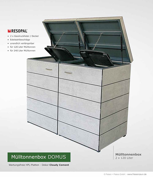 Moderne Mülltonnenbox DOMUS aus HPL-Dekorplatten - Tonnenhaus für 120 + 240 Liter&nbsp; Abfalltonnen - unendlich verlängerbar - Gasdruckfedern