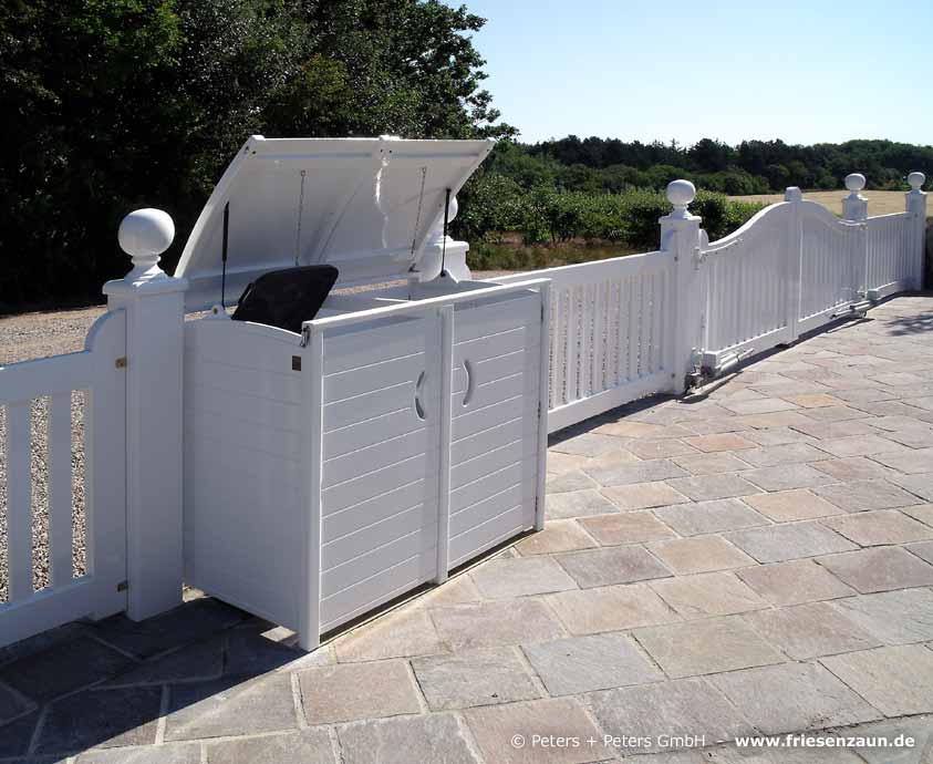 Sylter Mülltonnenverkleidung "SYLT" für 120 Liter oder 240 Liter Abfalltonnen. Friesenzaun mit integrierter Müllbox. Weißes Friesentor.