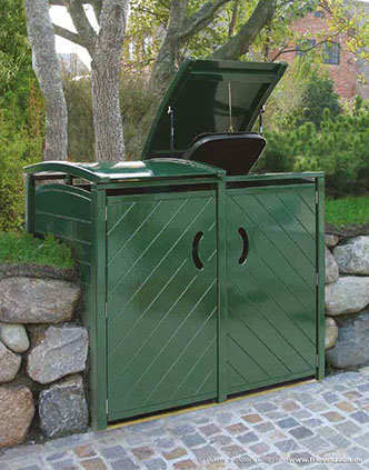 Mülltonnenboxen und Tonnenschränke für 120 + 240 Liter Mülltonnen - Hartholz lackiert mit 25 Jahren Garantie.