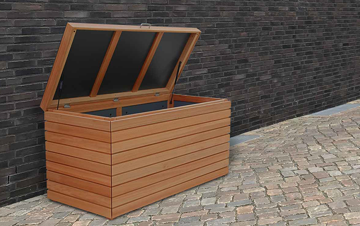 Premium Kissentruhe für Ihre Kissenauflagen - wetterfest durch wasserdichte Dekorplatten aus hochverdichtetem Kunstharz. Auflagenbox Garten