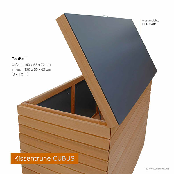 Moderne Kissentruhe CUBUS - astfreies FSC Eukalpthus Hartholz - extra stabile Ausführung - 2 Stück Gasdruckfedern je Deckel.