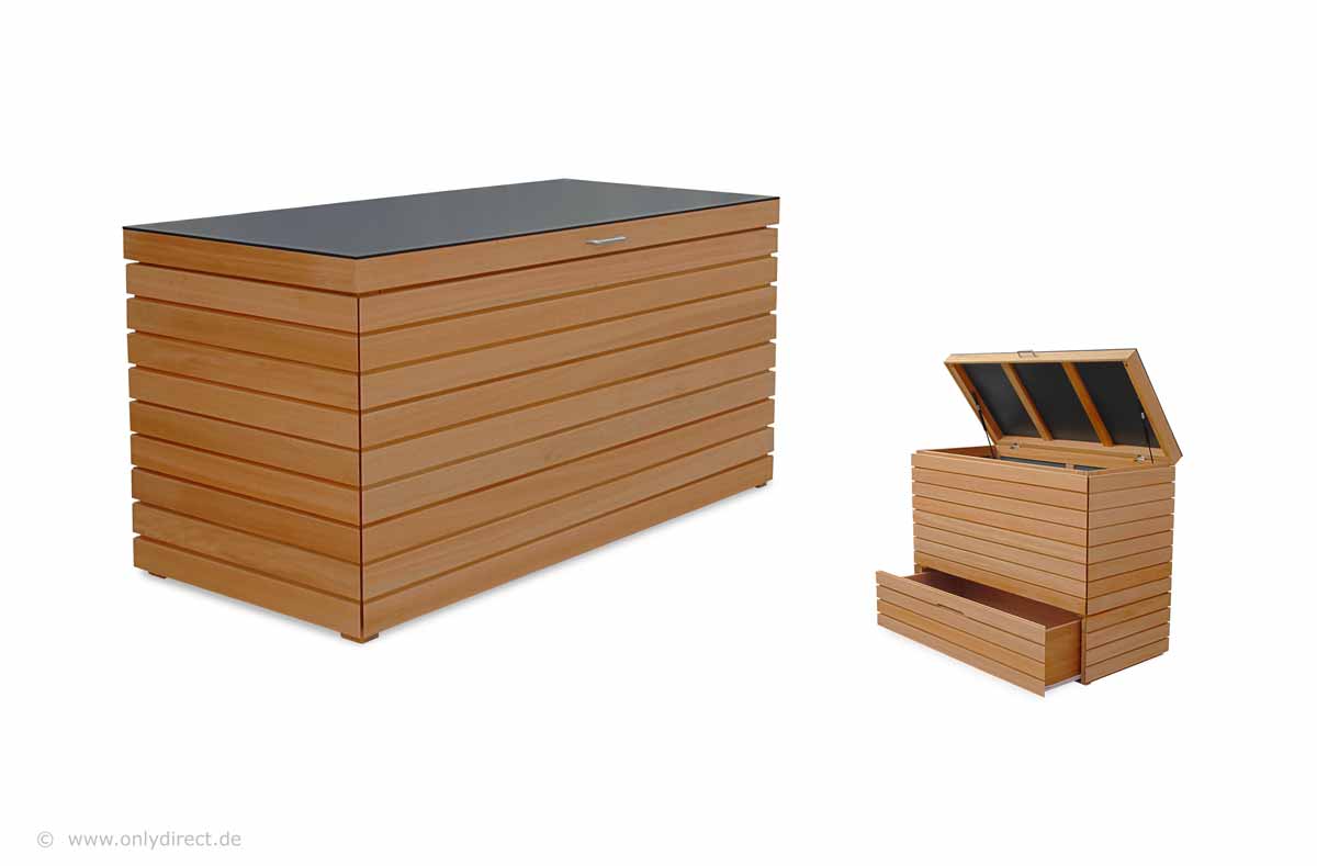Premium Kissentruhe Natur geölt - FSC Eukalyptus Hartholz - Edelstahl-Zubehör- Gasdruckfedern im Deckel.