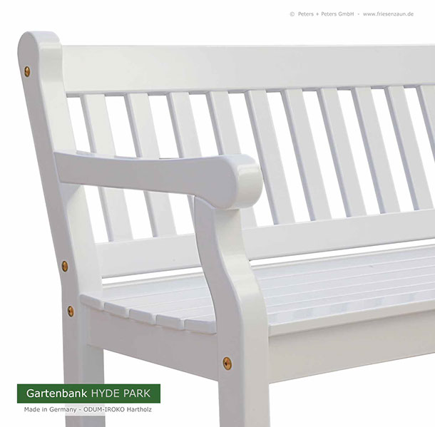 Englische Gartenbänke HYDE PARK aus ODUM-IROKO Hartholz - Weiße Holzgartenbänke Made in Germany
